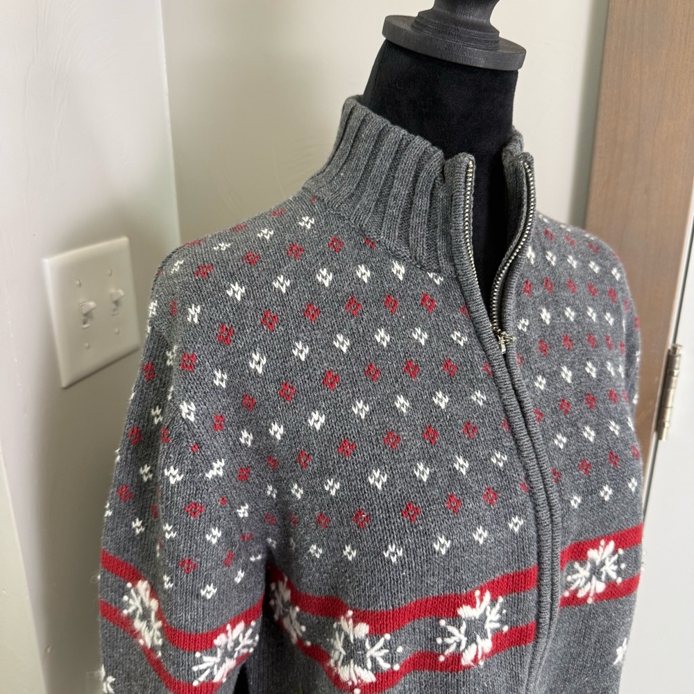 Vtg Holiday Lodge Grey Full Zip Holiday Christmas Sweater Holly Berry Snowflake - Picture 4 of 7